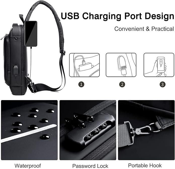 Waterproof Multipurpose Sling Bag with USB Charging Port