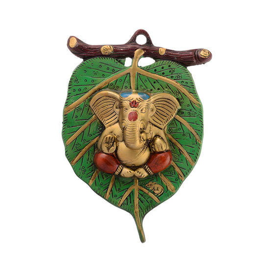 eCraftIndia Lord Ganesha in Red Dhoti on Green Leaf Wall Hanging