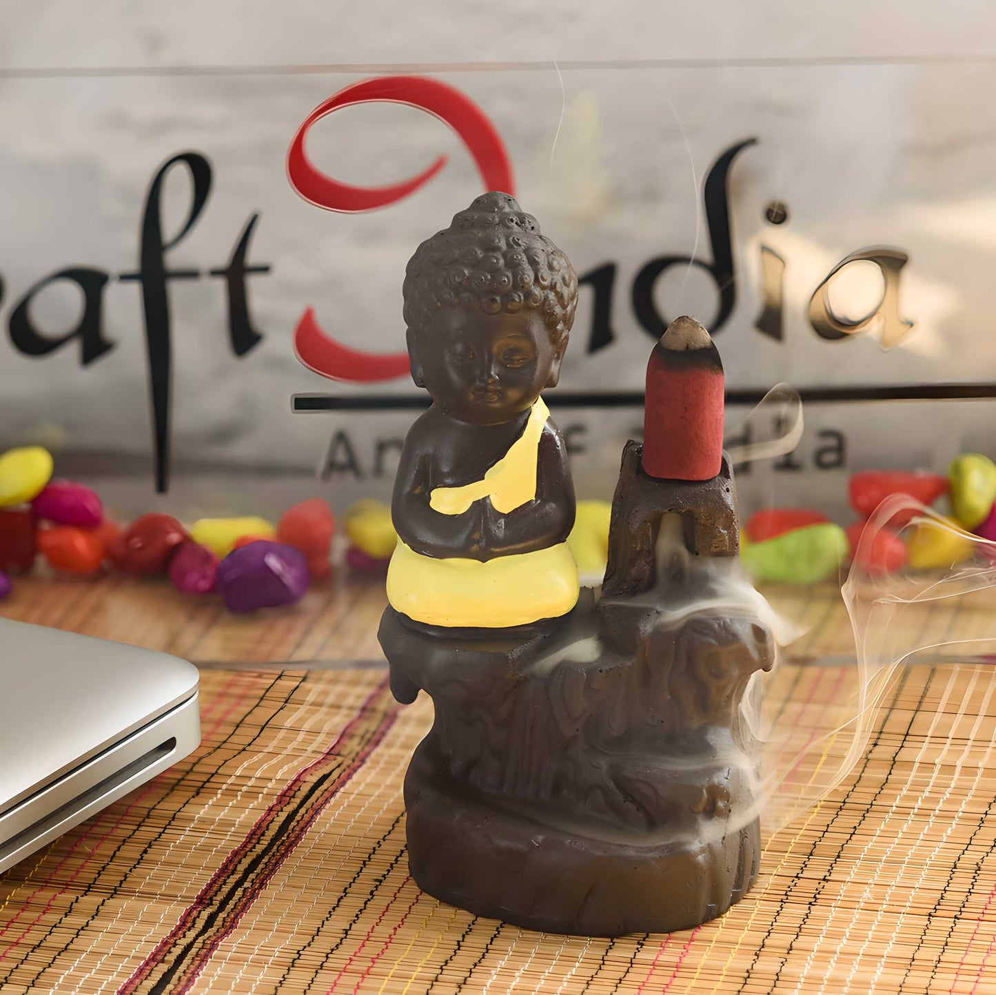 eCraftIndia Meditating Monk Buddha Smoke Backflow Cone Incense Holder Decorative Showpiece with 10 free Smoke Backflow Scented Cone Incenses